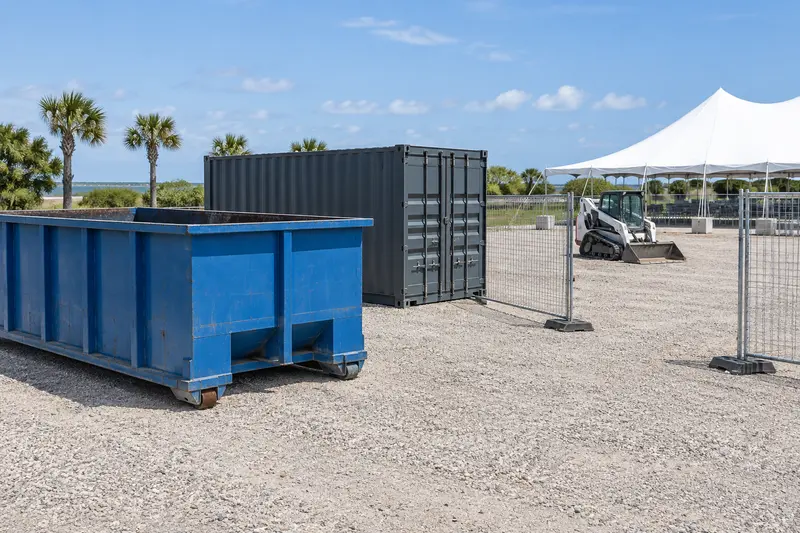 Dumpster, storage container and temporary equipment in an outdoor setup