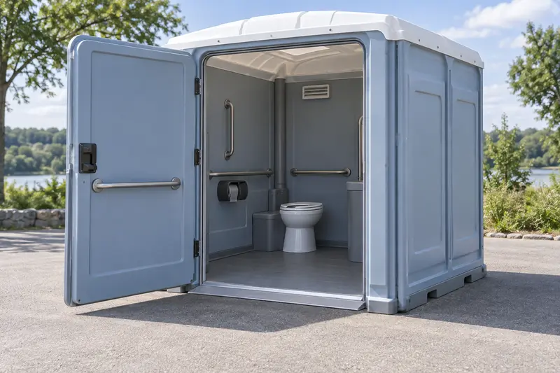 Wide-entry portable restroom with an open doorway