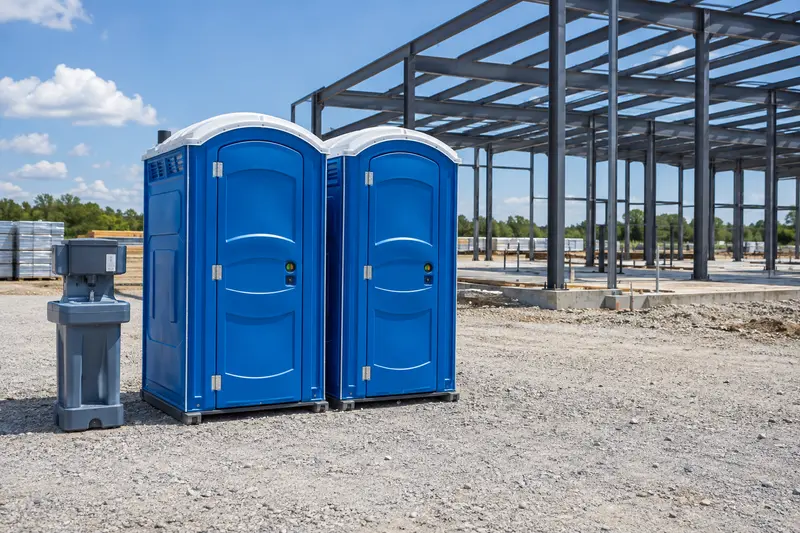Portable toilets and handwashing beside a steel construction frame