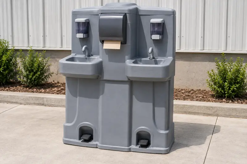 Two-sided handwashing station on a paved surface