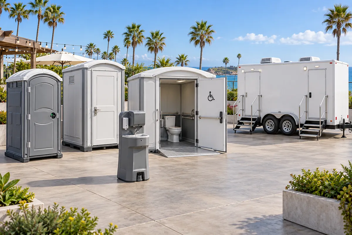 Illustrative grouping of standard and wider portable restrooms, a handwashing station and a white restroom trailer