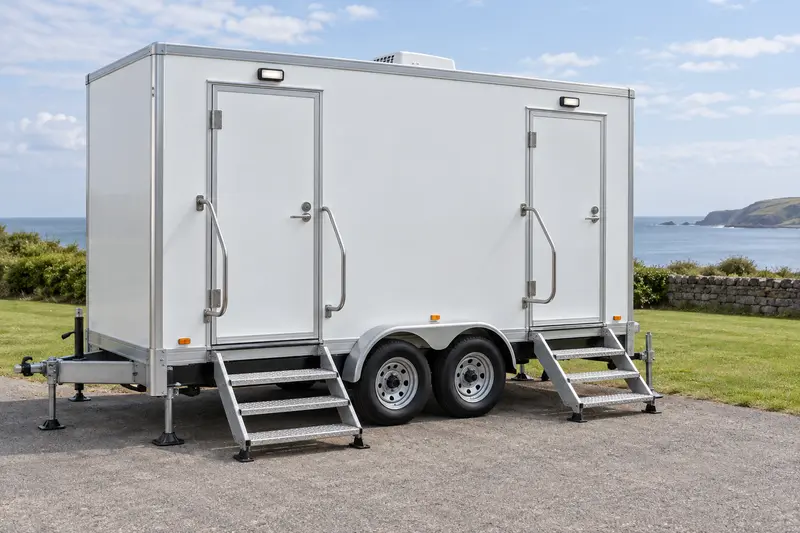 White restroom trailer with steps and exterior handrails
