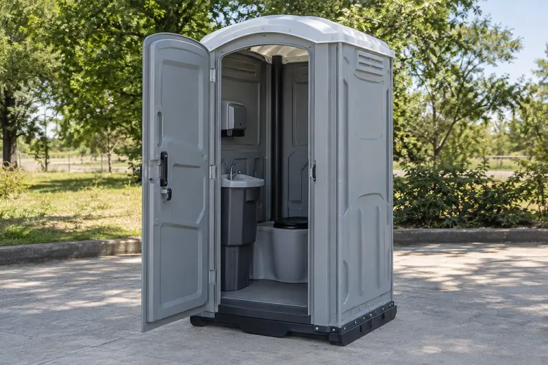 Portable restroom with its door open to show the interior