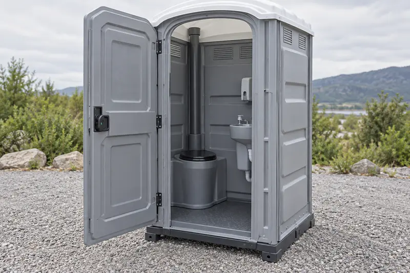 Portable restroom with open door and interior fittings